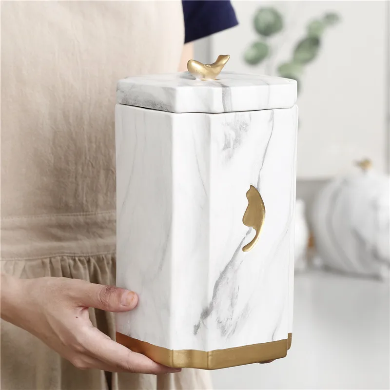 Imitation Marble Sealed Ceramic Storage Jar for Spices Tea Coffee Can Tank Food Container Bottle with Lid for Kitchen Organizer