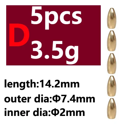 5pcs D type 3.5g 5pcs Saltwater Fishing Bullet Shape Copper Weights Metal Jig Head Deep Water Sinkers For Hook Lure Texas Rig Tackle Accessories - Цвет: 5pcs D type 3.5g