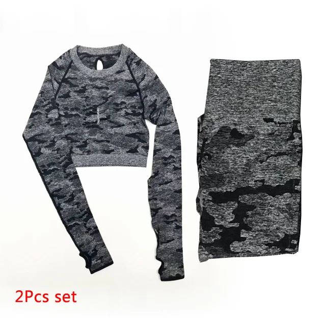 Black 2Pcs Set Для женщин 2 шт. бесшовные камуфляж Йога Комплект с длинным рукавом Фитнес укороченный топ+ Высокая Талия тренажерный зал камуфляжной расцветки, легинсы, штаны для фитнеса костюмы тренировки - Цвет: Black 2Pcs Set