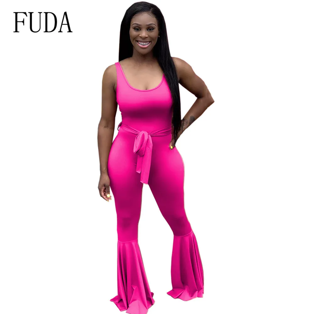 

FUDA Sleeveless Tight-fitting Strap Jumpsuits Sexy Flared Playsuits Summer Bodycon Bandage Overalls Rompers Plus Size XXL