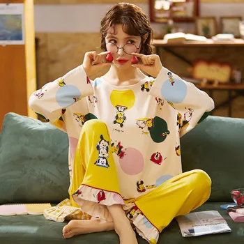 

Women's Pajamas Sleepwear Women's Cotton Pijama Loose Long Sleeve Long Pants Clothes For Home Suit Autumn Winter Large Size