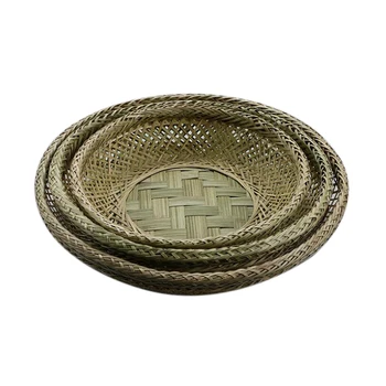 

3Pcs Bamboo Plate Handmade Woven Storage Basket Groceries Round Storage Box Fruit Plate Snacks Desktop Organizer