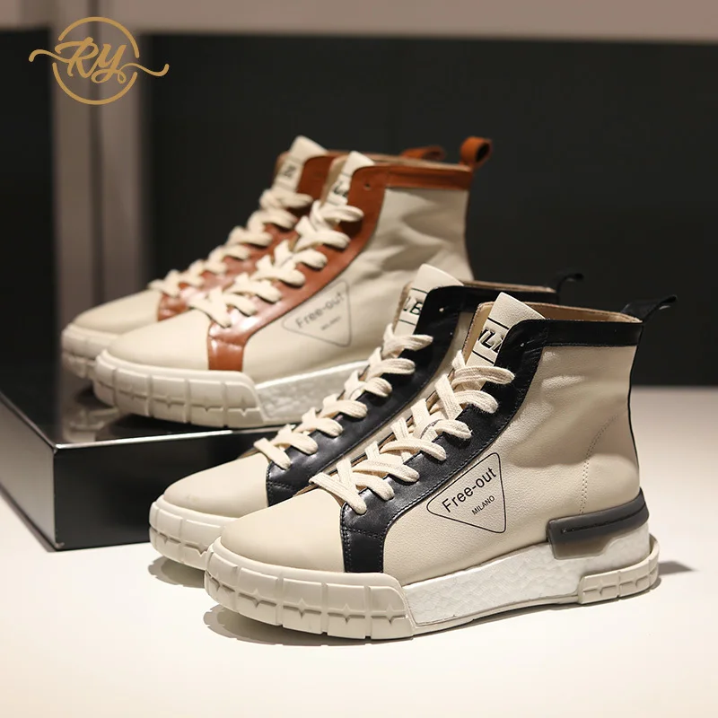 

RY-relaa leather high shoes women 2019 autumn and winter new calfskin sports casual shoes sponge cake bottom shoes