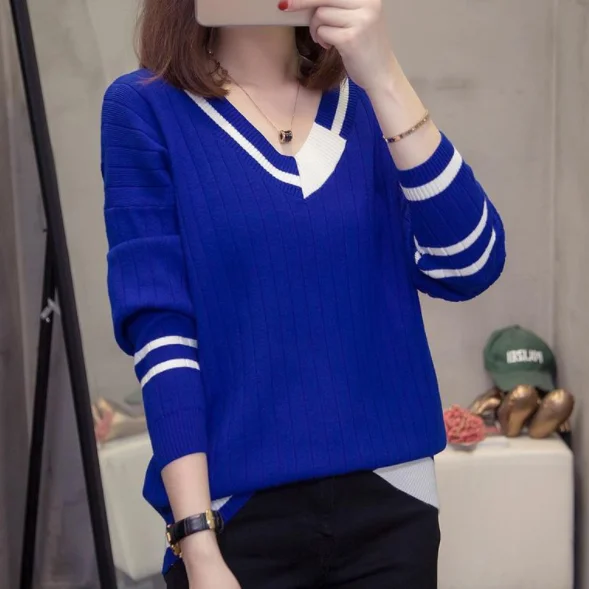 Plus Size V Neck Spell Color Pullover Women Knitted Sweater 2020 Autumn Winter Clothes Trendy Oversize Knitwear Jumper DA643 | Женская