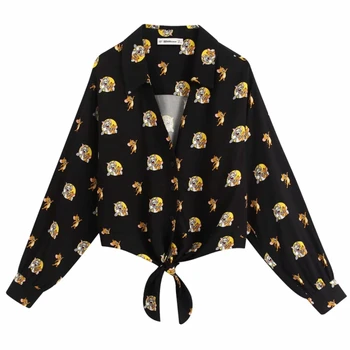 

New women fashion v neck cartoon pattern print hem bow knotted casual blouses ladies long sleeve chic shirts leisure tops LS6322
