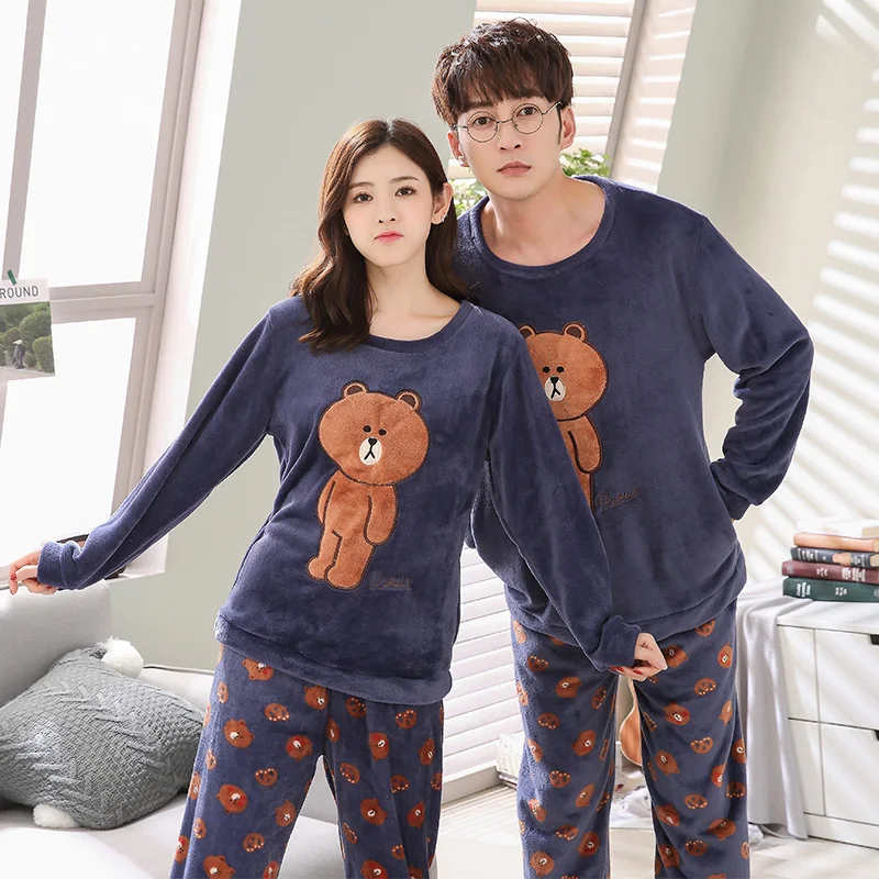 

Flannel sleepwear Winter Women Warm Print Cartoon Cat Pajamas with Long Sleeve Long Pant Plus Thick O Neck Home Wear Pajama Set
