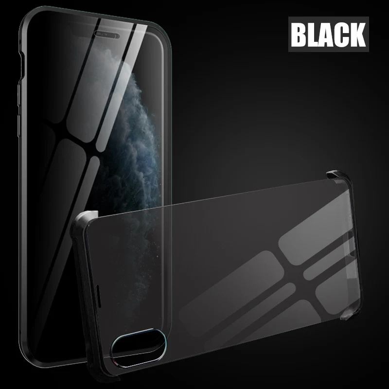 2Pcs Privacy and Rimless Tempered Glass Magnetic Case for iPhone 7 8 Plus XS MAX XR Full Body Protection Magnetic Case Cover - Цвет: Black