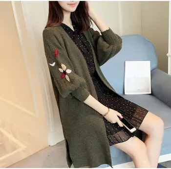 

Embroidery Womens Knitting Cardigan Lantern Sleeve Side Split Sweaters N09