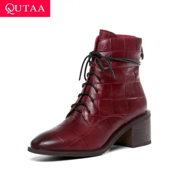 

QUTAA 2021 Casual Round Toe Lace Up Ladies Pumps Quality Cow Leather Ankle Boots Fashion Square High Heel Women Shoes Size 34-42
