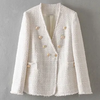 

Women Elegant White Coat Double Breasted V Neck Buttons Jacket Office Wear Female Casual Outwear Top Blusas