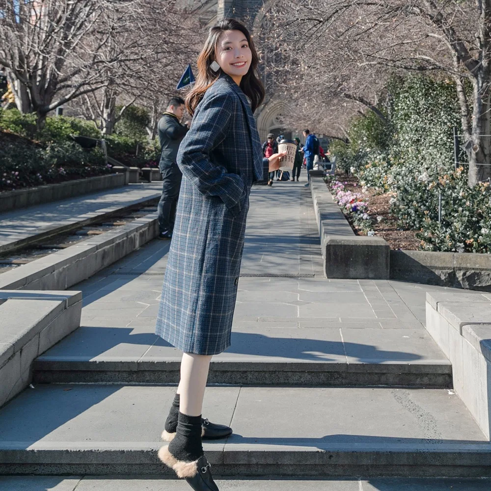 

Photo Shoot 2018 Autumn And Winter New Style Fashion Retro British Style Elegant Buckle Plaid Woolen Overcoat Woolen Jacket Wome