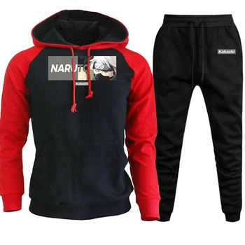 

Kakashi Cartoon Sweatshirts Mens Hooded Raglan Winter 2019 Naruto Casual Pullover Streetwear Suit Hoodies+Sweatpants 2 Piece Set