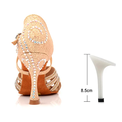 Gold 8.5cm New Flash Gold Latin Dance Shoes Ladies High Heel Rhinestone Dance Shoes Indoor Soft Bottom Performance Ballroom Girls Party - Цвет: Gold 8.5cm