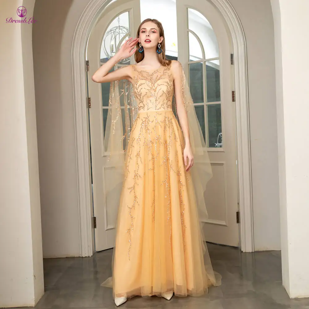 DressbLee блестящее длинное платье для выпускного вечера с курткой Полный вышитый бисером с кристаллами золотые платья для выпускного Дубай Стиль Формальное вечернее платье