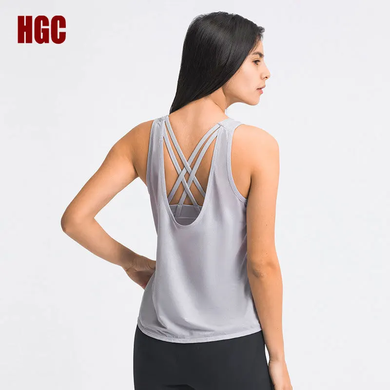 HGC Woman Sports Top Yoga Vest Fitness Tank Top Loose Breathable Cross