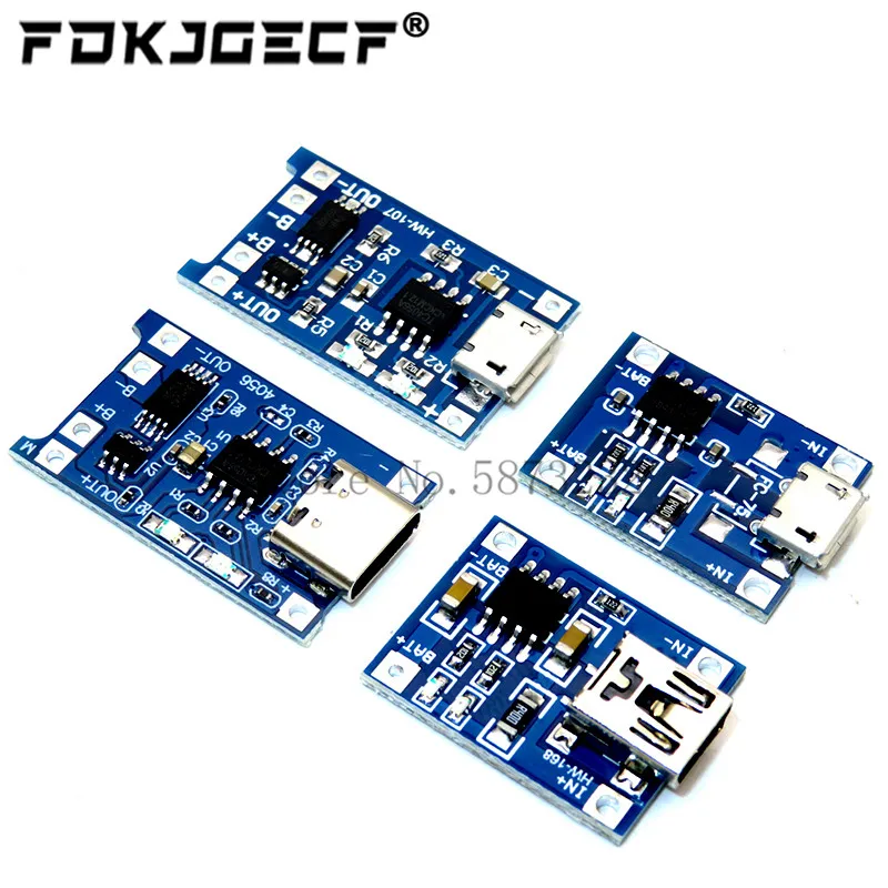 10Pcs Micro Type-c USB 5V 1A 18650 TP4056 Lithium Battery Charger Module Charging Board With Protection Dual Functions 1A Li-ion