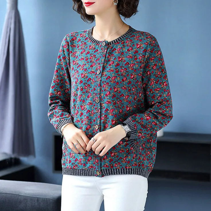 

printed jackets and coats women button cardigan 2019 spring fall new large size middle age mother tops o-neck cotton thin coat