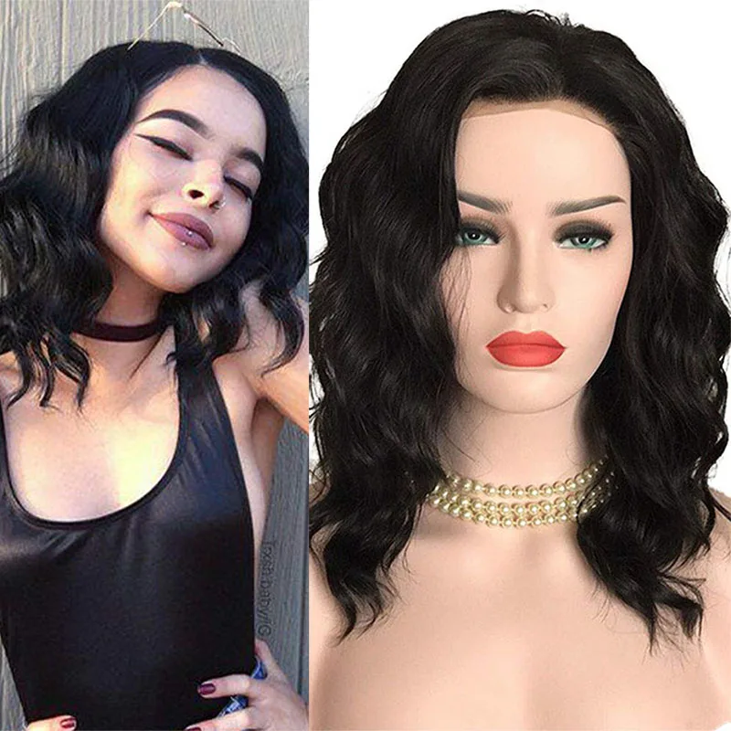 

RONGDUOYI Black Short Wave Synthetic Wigs for Women Wavy Lace Front Wigs Side Part Natural Hairline Glueless Replacement Hair