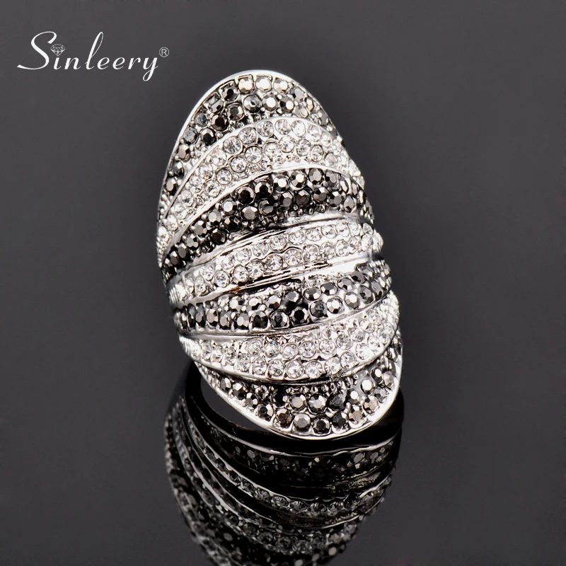 SINLEERY Retro Black White Cubic Zirconia Big Wide Rings for Women Party Jewelry Bague Femme Size 6 7 8 9 10 JZ180 SSB