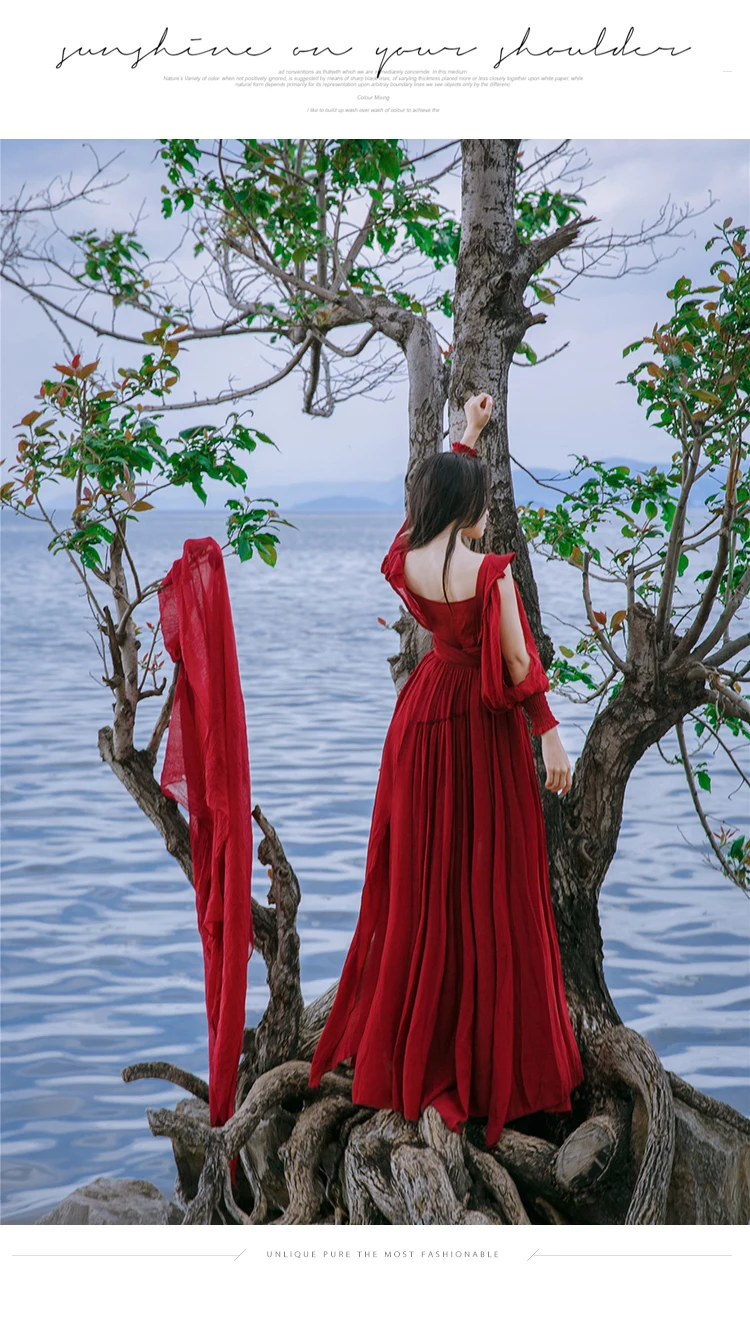 YOSIMI летнее платье макси из хлопка и льна, винтажное длинное женское платье, вечерние платья красного цвета с v-образным вырезом, длинный рукав, пояса, женские платья