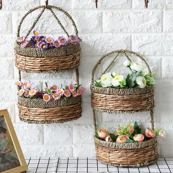 

Double Layer Wicker Plates Floating Shelf Rattan Hanging Basket Wall Storage Flower Bed Home Bedroom Decoration Gift for Girls