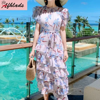 

Vintage Seaside Holiday Beach Chiffon Short Sleeve Female Round Neck Women Print Ruffled Irregular Layer Cake Fashion Dress