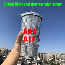 500ml Diamond thermo bling rhinestone stainless steel water bottle with straw