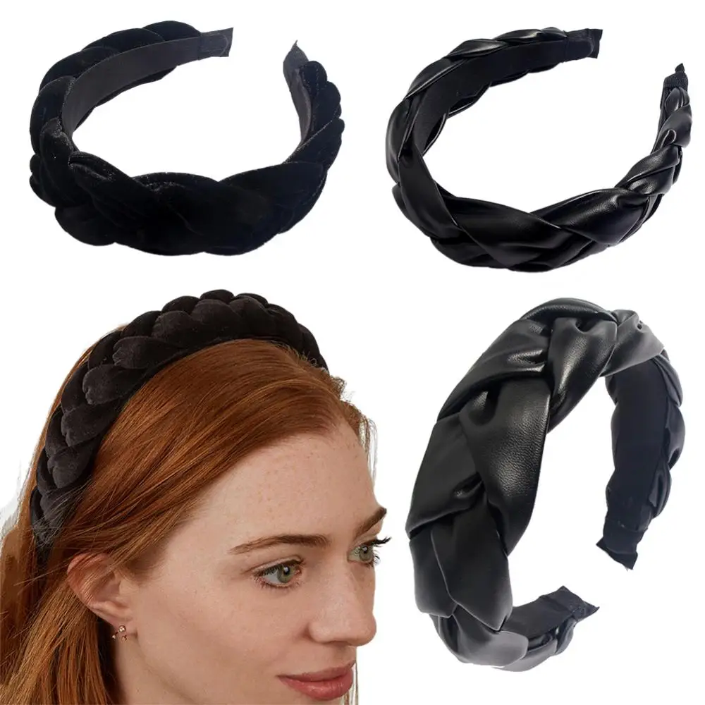 

JUST FEEL Winter Leather Hair Accessories Wide Boutique Weaving Hairbands Braided Headband Hair Hoop Hair Bands Bezel Headdress