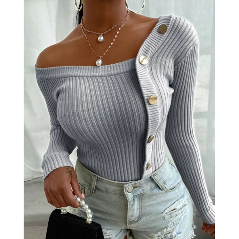

Laamei 2020 Sexy Off Shoulder Knitted Sweater Women Button Solid Skinny Slim Fit Pullover And Sweater Autumn Winter Jumpers