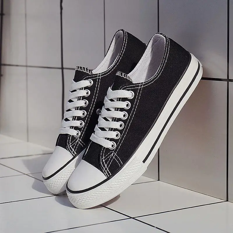 

Canvas Shoes Student Korean-style Harajuku Casual Shoes Women's Low Top Black Tie Cloth Shoes COUPLE'S Flat Shoes
