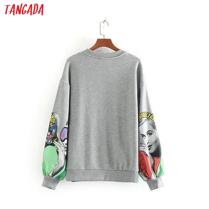 Tangada, женские модные серые толстовки с принтом, свободные пуловеры с длинным рукавом и круглым вырезом, женские топы CE143