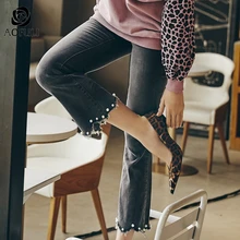 L~ 4XL 5XL Женские серые джинсы с жемчугом карман с бахромой на молнии 7/10 Длина Длинные брюки карманные винтажные женские джинсы AOFULI A4075