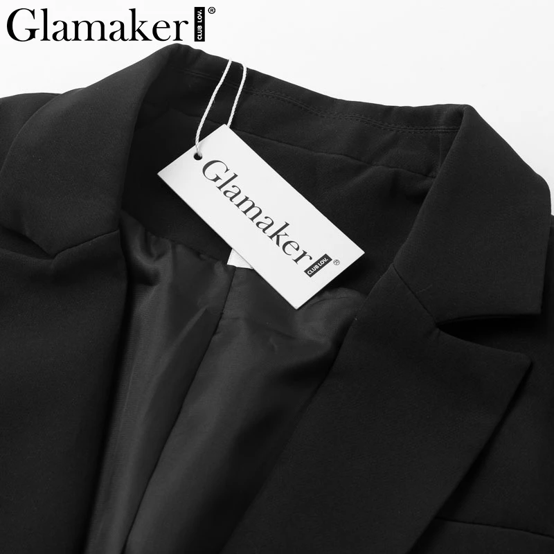 Glamaker черный отложной воротник блейзер для женщин длинный рукав карман ремень Элегантный костюм куртка женская осень зима сексуальный износоустойчивый фланелевый блейзер