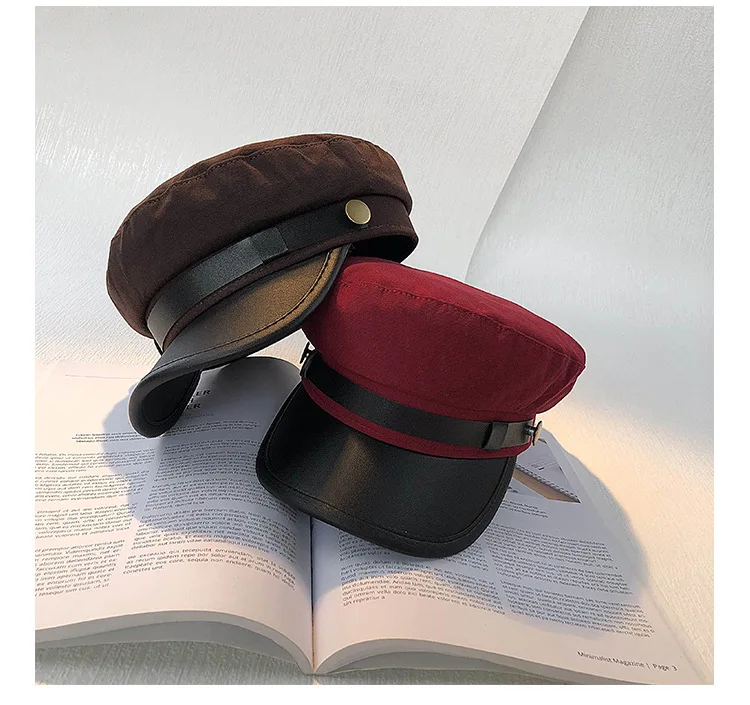Осенне-зимняя военная шапка из искусственной кожи в стиле ретро, черная Матросская шляпа для женщин и мужчин, плоская верхняя дорожная Кепка Капитана, модные шапки военные