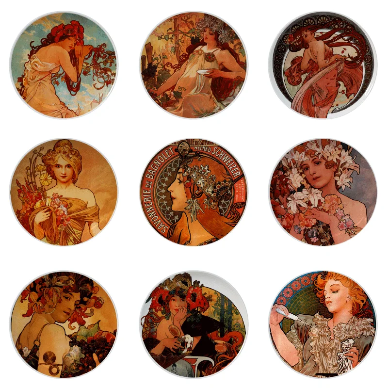 

Mucha Actress Illustration Decorative Plates Creative Ceramic Dish Sticker Art Wall Decor Retro Classical Lady Pictorial Dish