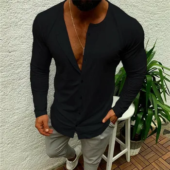 

2019 Autumn Slim Streetwear O neck T Shirt Men Casual Fitness Tops&Tees Vintage Button Long Sleeve Pullover Shirt Plus Size