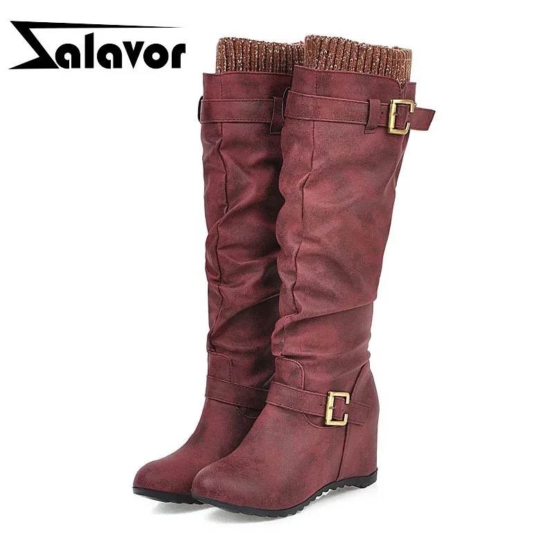 

ZALAVOR 4 Color Women Knee High Boots Wedges Slip On Buckle Retro Boots Casual Winter Warm Brand Shoes Woman Footwear Size 33-44