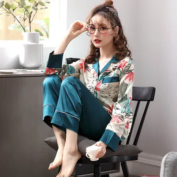 

Autumn Ladies Pajamas Set Soft & Comfort Silk Satin Casual Turn-down Collar female pajamas set Long Sleeve+Pants 2Pcs Homewear