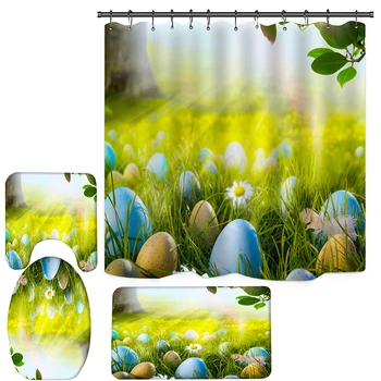 

Shower Curtains Toilet Mats Bathroom Easter 3D Digital Easter Colorful Balls Print Shower Curtain Mat Base