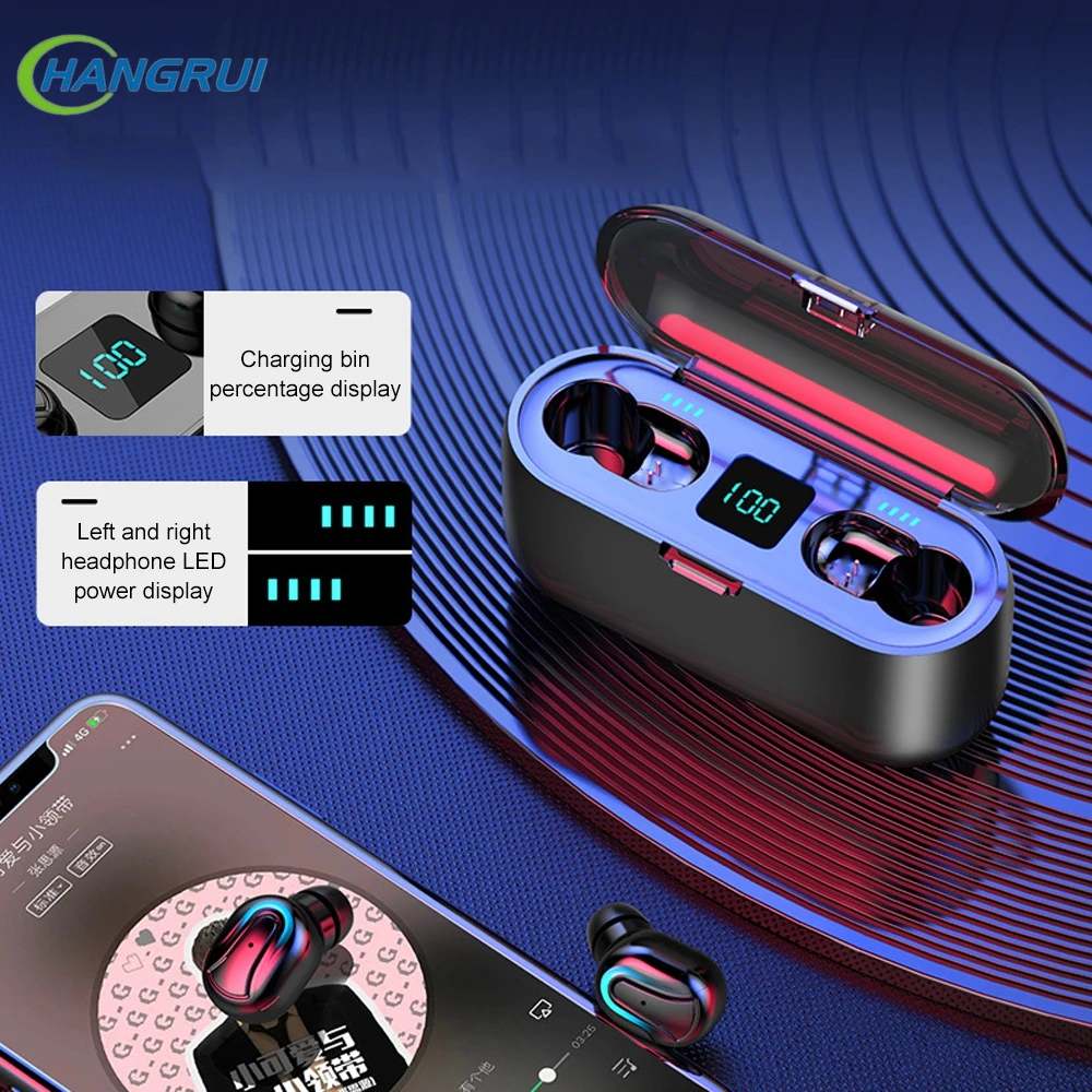 

Hangrui 8D Sound stereo Sport wireless Headset Bluetooth 5.0 TWS Earphones IPX5 Waterproof earbuds With Charge box ear phone