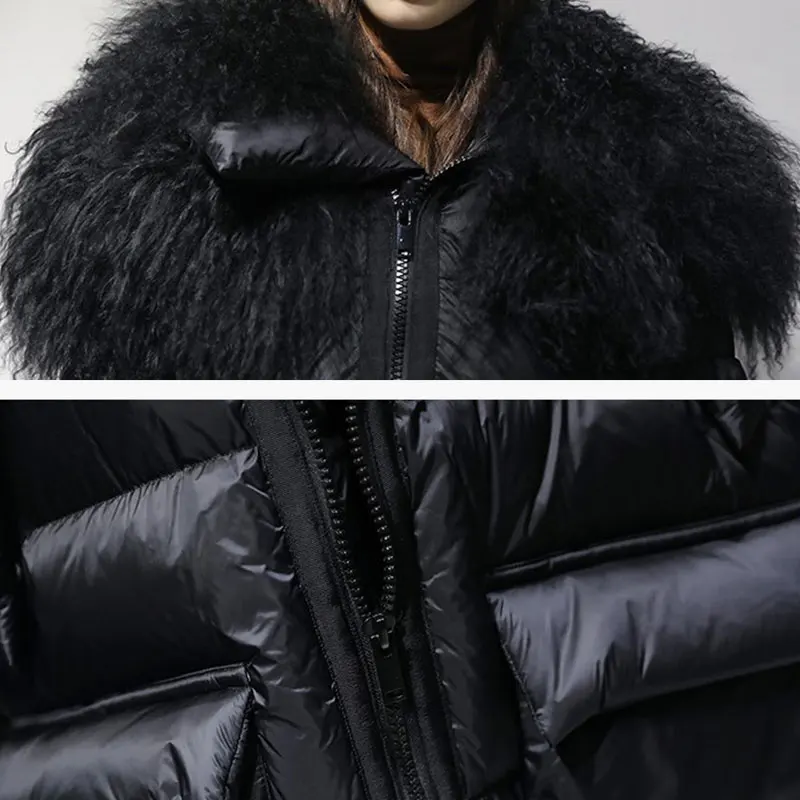 Женская куртка-пуховик на белом утином пуху больших размеров, женская утепленная длинная уличная куртка, парка из натурального меха монгольской овцы, зимнее пуховое пальто
