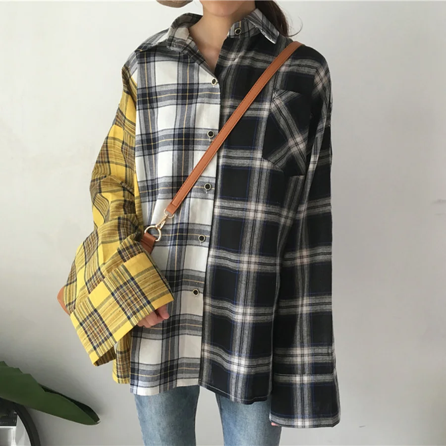 BTS Plaid Shirt Women Cotton Patchwork 