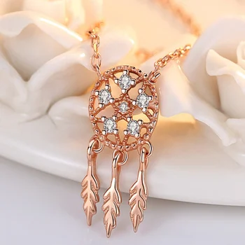 

S925 Sterling Silver and Zircon Necklace Pendant With Minimal Design Dream catcher Feather Cavicle Chain Women