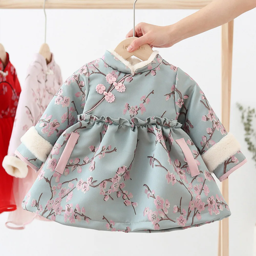 

Halilo Girls Winter Dress Long Sleeve Plus Velvet Baby Girl Clothing Flower Embrodiery Chinese Style New Year Kids Dresses