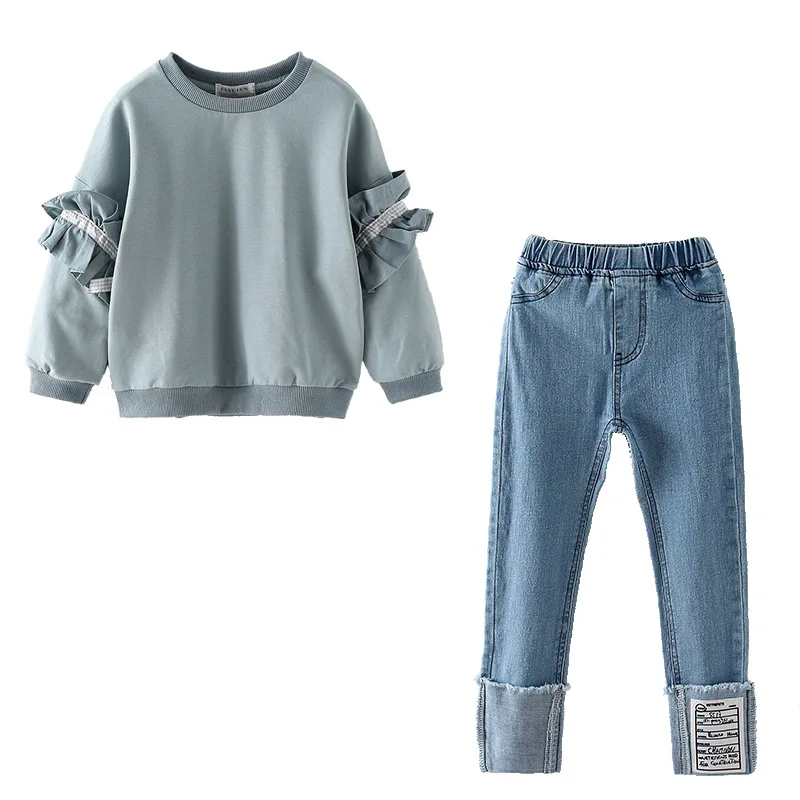 Комплект одежды для девочек на весну-осень, однотонный свитшот+ джинсы, штаны, 2 предмета, спортивный костюм с длинными рукавами для девочек-подростков