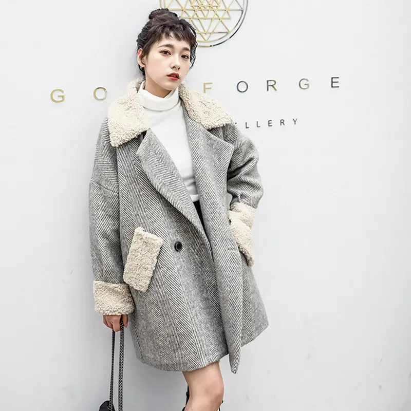 

Winter Women Plaid Tweed Coat Oversize Gray Berber Fleece Collar Cuff Patchwork Design Double-breasted WooL Blend Overcoat Woman