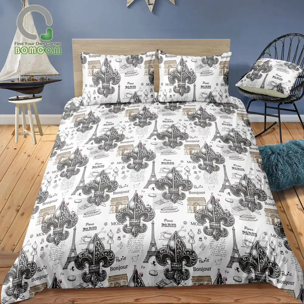 Bomcom Digital Printing Bedding Set Iris Fleur De Lis Eiffel Tower Pattern Duvet Cover 100 Microfiber Bedding Sets Aliexpress