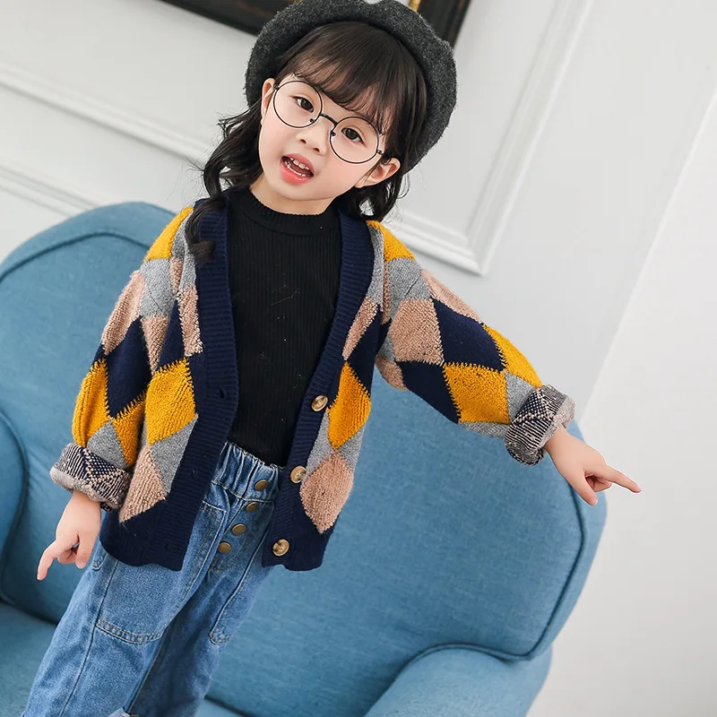 

Kids' Sweater 2018 Autumn New Style Korean-style Childrenswear BOY'S Casual Cardigan Girls Rhombus Plaid Sweater