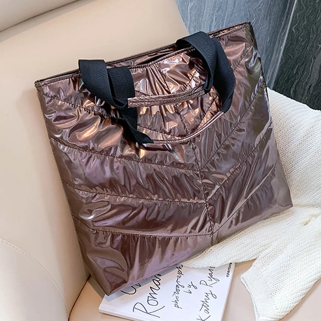 Women Sliver Tote Bags Solid Color Zipper Down Handbag Waterproof Messager Shoulder Bags Large Capacity Shopping Travel Bag