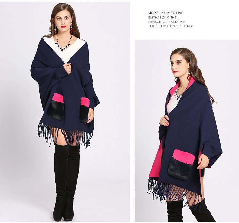 Модная Меховая двухсторонняя кашемировая шаль-шарф, длинный рукав летучая мышь, трикотажный кардиган, накидка для женщин, Осень-зима, Пашмина